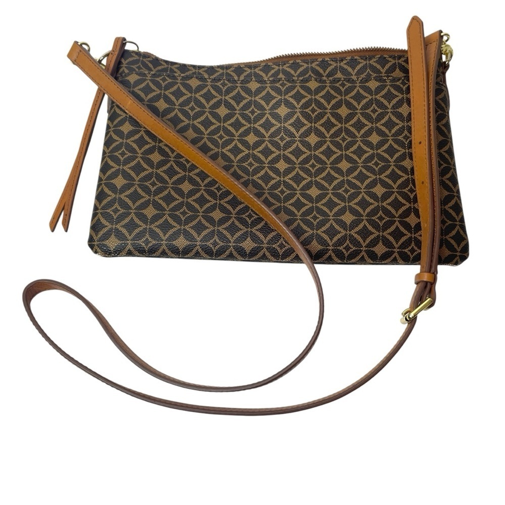 Fossil Geometric Circle Pattern Brown Crossbody Purse Vintage Essential Wallet